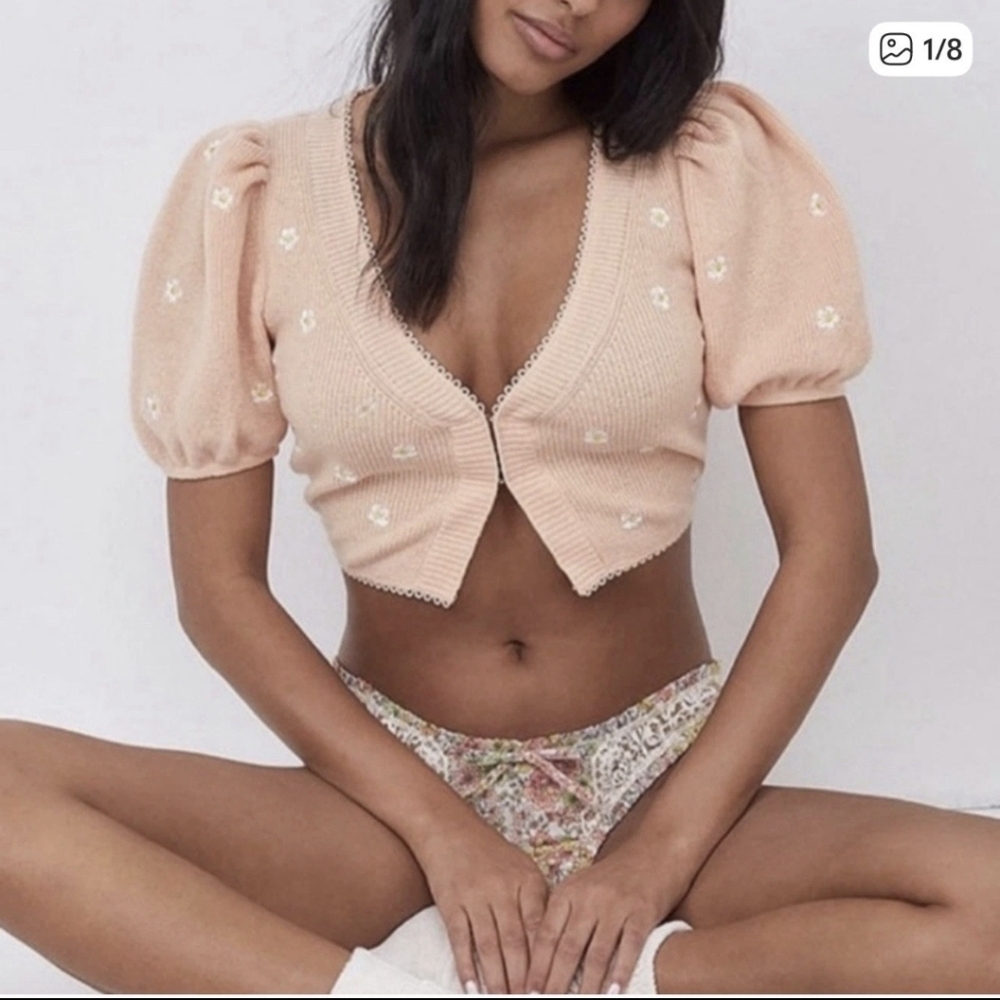 For Love & Lemons Embroidered Buds Puff Sleeve Cropped Cardigan M - Picture 7 of 15